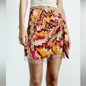 Zara Front Tie Mini Skirt Beaded Fringe Size L